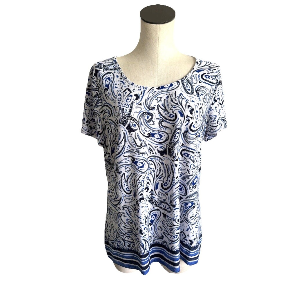 Croft & Barrow Women's L Blue Paisley Print Top Scoop Neck Textured Blouse